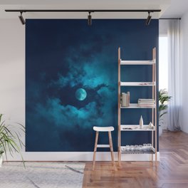 Colorful Blue Night Moon with Clouds Wall Mural