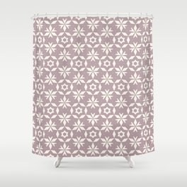 Vintage floral seamless pattern. Elegant ornamental background in lilac and beige color. Subtle geometric texture with small flower shapes, leaves, stars.  Shower Curtain