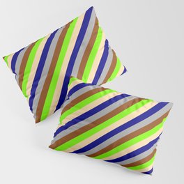 [ Thumbnail: Eyecatching Green, Tan, Blue, Dark Grey, and Brown Colored Lined/Striped Pattern Pillow Sham ]