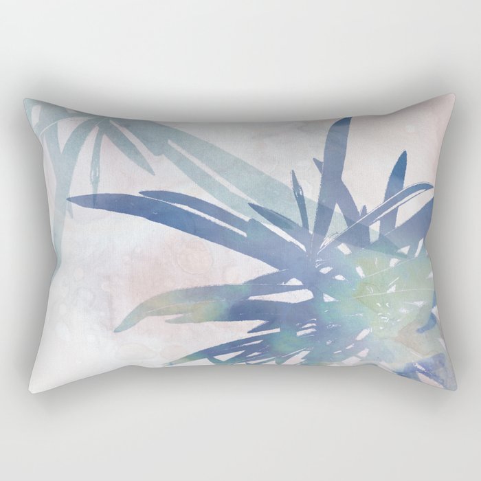 Navy Blue and Blush Pink Palm Leaf Watercolor Painting Rectangular Pillow