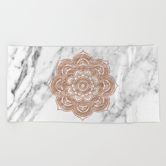 Rose gold mandala on marble Beach Towel
