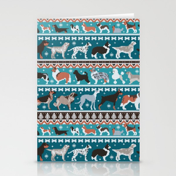 Fluffy and bright fair isle knitting doggie friends // teal background brown orange white and grey dog breeds  Stationery Cards