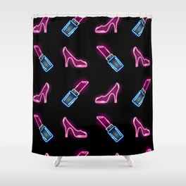 Fashion seamless pattern with neon icons of lipstick and high heel shoes Shower Curtain