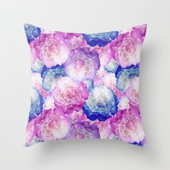 Pink Blue Purple Peonies Oil Painted Floral Throw Pillow