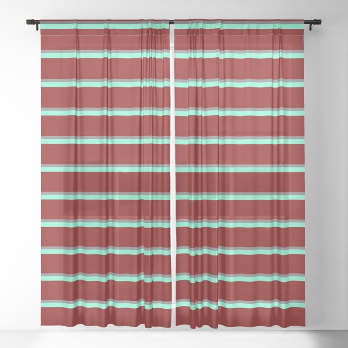 Gray, Aquamarine, and Maroon Colored Striped Pattern Sheer Curtain