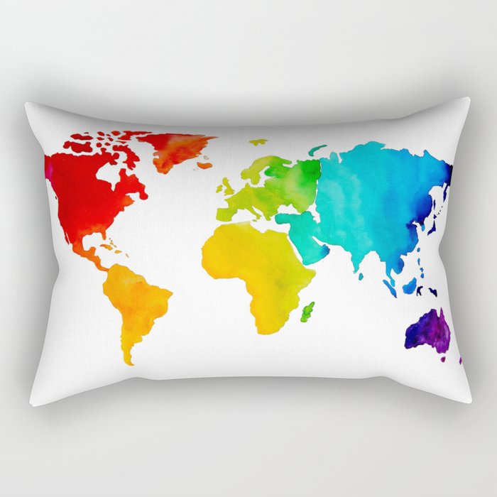 Original Watercolor - Map of The World - Travel Art - Chakra Rainbow Colors Rectangular Pillow