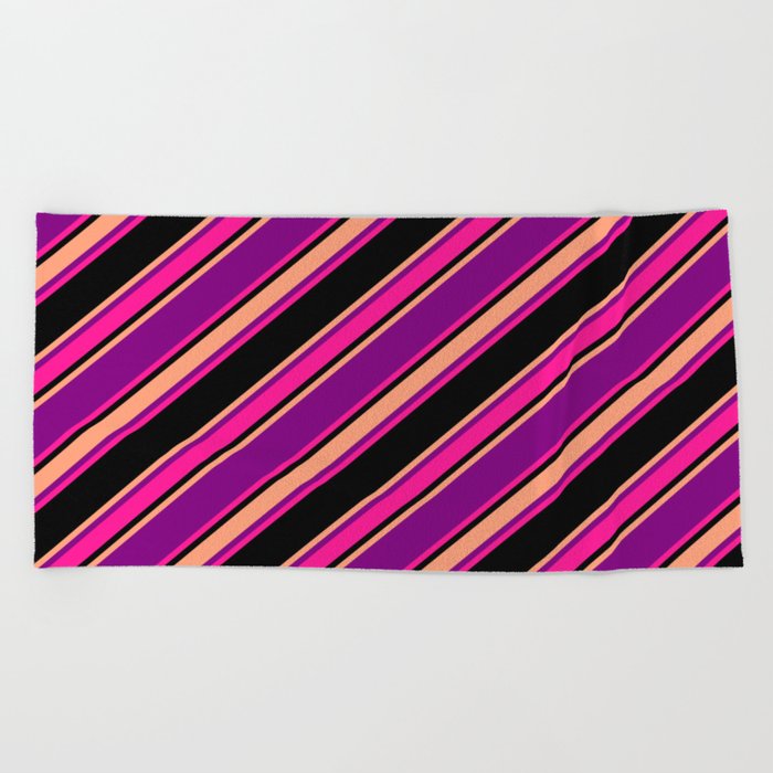 Purple, Deep Pink, Black & Light Salmon Colored Striped Pattern Beach Towel