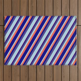[ Thumbnail: Dark Slate Blue, Light Blue, Red, and Dark Blue Colored Lined Pattern Outdoor Rug ]