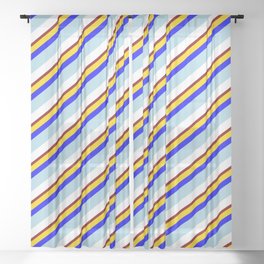 [ Thumbnail: Eye-catching Yellow, Blue, Light Blue, White & Maroon Colored Lines Pattern Sheer Curtain ]