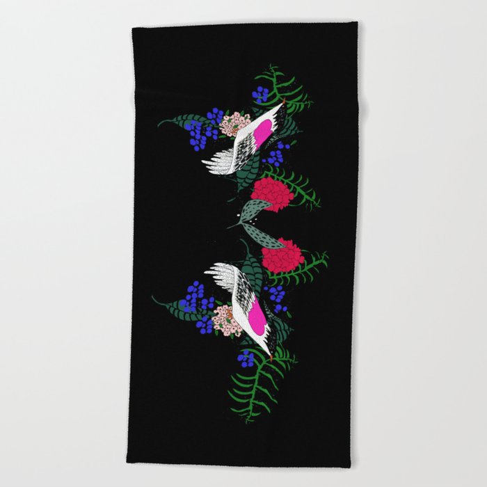 Sgraffito Birds - Bright Fuchsia Botanical Birds and Flowers Beach Towel