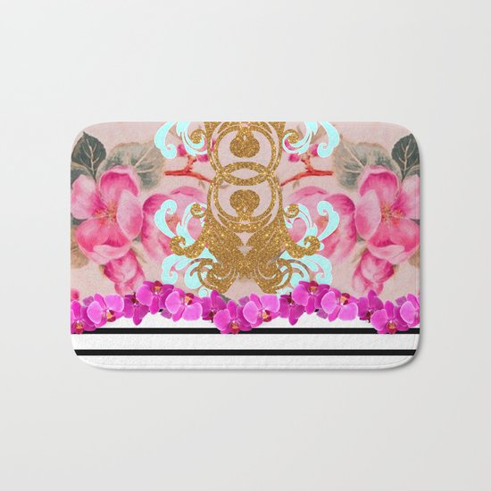 Fashion Girly Pink Vintage Floral Trendy Stripes Pattern Bath Mat