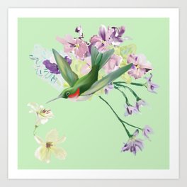 Hummingbird on mint green Art Print