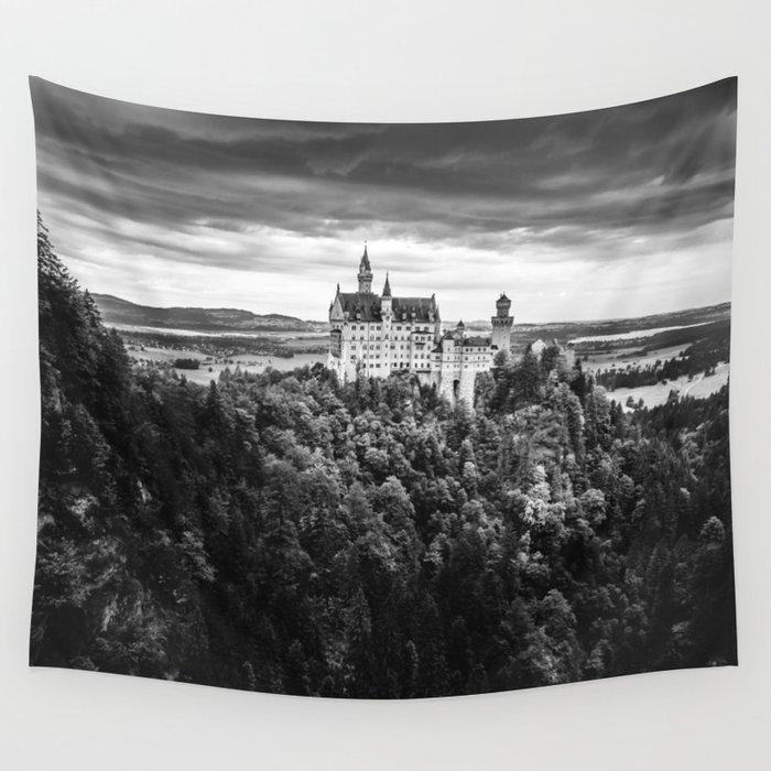 The Castle On The Mountain Black And White Wall Tapestry