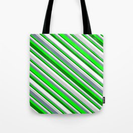 [ Thumbnail: Eyecatching Light Gray, Light Slate Gray, Lime, Green, and White Colored Striped Pattern Tote Bag ]
