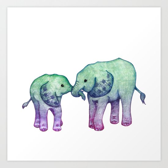 Baby Elephant Love - ombre mint & purple Art Print