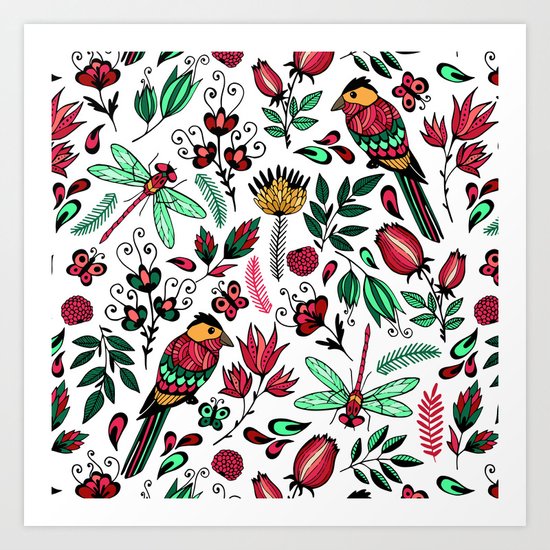 Birds and dragonflies Art Print