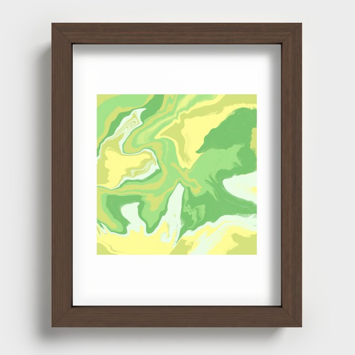 Abstract liquid marble yellow green pattern painting - Mixed marbled colorful flow Recessed Framed Print
