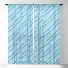 [ Thumbnail: Light Sky Blue, Deep Sky Blue, and Forest Green Colored Striped Pattern Sheer Curtain ]