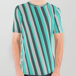 [ Thumbnail: Turquoise, Dark Slate Gray, and Light Gray Colored Pattern of Stripes All Over Graphic Tee ]
