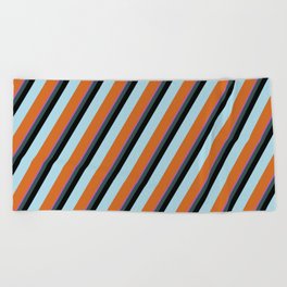 [ Thumbnail: Orchid, Dark Slate Gray, Black, Light Blue & Chocolate Colored Striped/Lined Pattern Beach Towel ]
