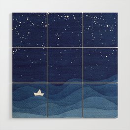 blue ocean waves, sailboat ocean stars Wood Wall Art