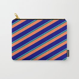 [ Thumbnail: Light Sky Blue, Teal, Coral, and Blue Colored Stripes Pattern Carry-All Pouch ]