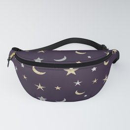 Gold and silver moon and star pattern on purple background Fanny Pack