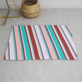 [ Thumbnail: Dark Turquoise, Light Pink, Lavender & Brown Colored Lines Pattern Rug ]