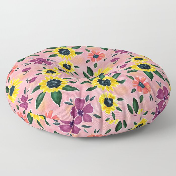Watercolor Sunflowers Floral Flowers on Pink  Floor Pillow