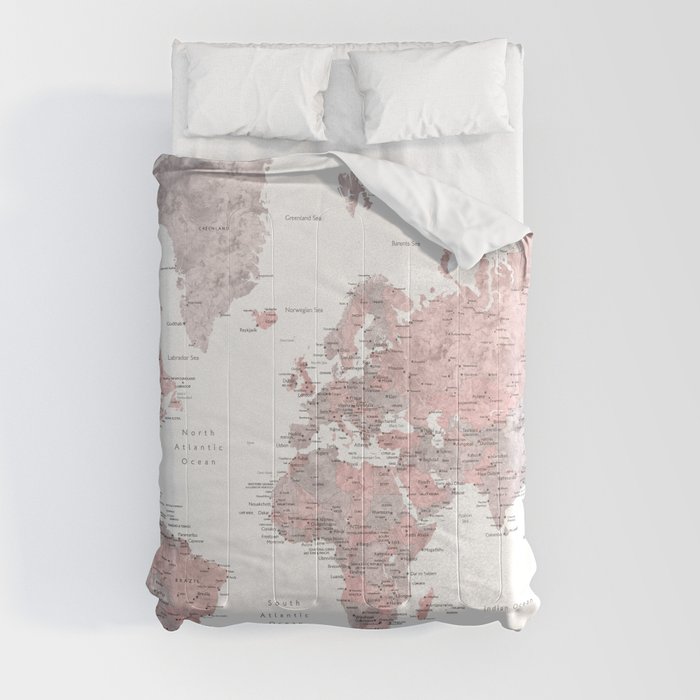 We travel not to escape life, dusty pink and grey watercolor world map Comforter