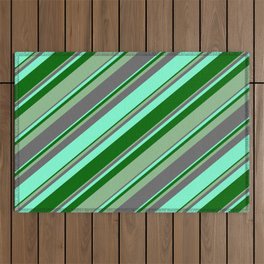 [ Thumbnail: Dim Gray, Aquamarine, Dark Green, and Dark Sea Green Colored Lines/Stripes Pattern Outdoor Rug ]