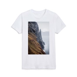 Dramatic Cliff Monolith Witches Finger Faroe Island Kids T Shirt