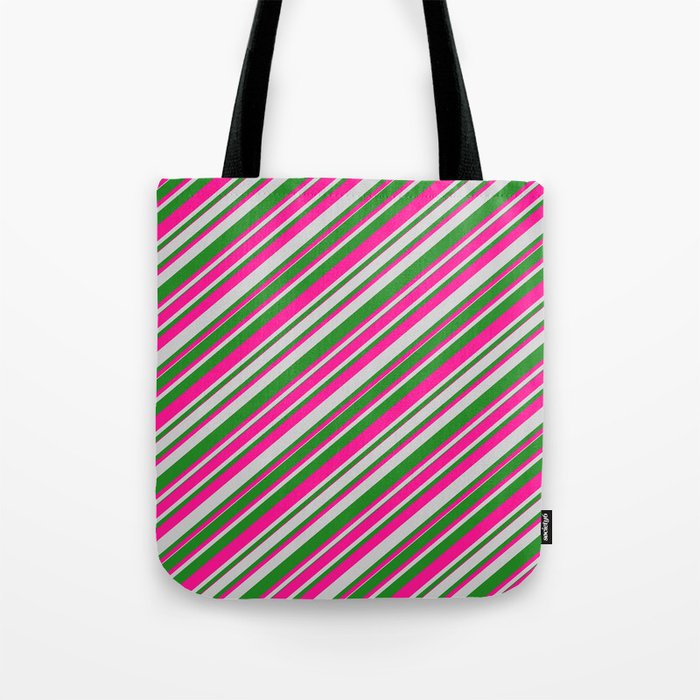 Deep Pink, Light Grey, and Forest Green Colored Lines Pattern Tote Bag