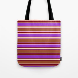 [ Thumbnail: Sienna, Bisque, Dark Orchid, and Maroon Colored Lined/Striped Pattern Tote Bag ]