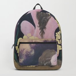 Shared Beauty Under the Golden Moon Backpack | Painting, Moon, Flowers, Lunamoth, Moth, Gold, Golden, Green, Acrylic, Woman 