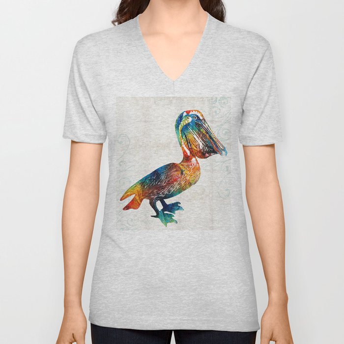 Colorful Pelican Art 2 by Sharon Cummings V Neck T Shirt