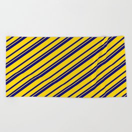 [ Thumbnail: Dark Blue and Yellow Colored Lines/Stripes Pattern Beach Towel ]