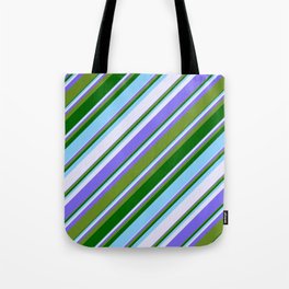 [ Thumbnail: Vibrant Medium Slate Blue, Green, Dark Green, Light Sky Blue & Lavender Colored Stripes Pattern Tote Bag ]