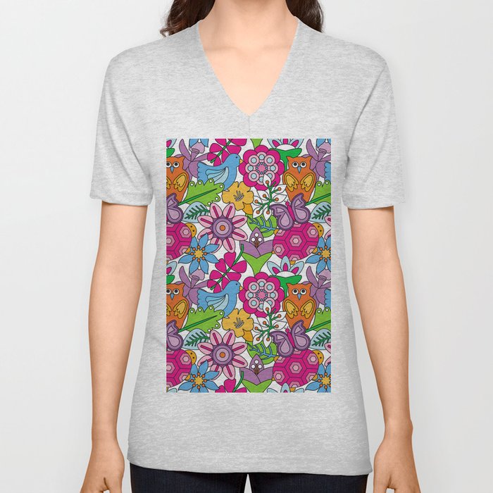 Colorful animals and flowers vintage seamless pattern V Neck T Shirt