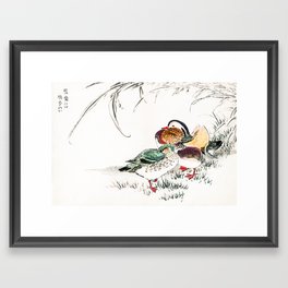 Couple Of Mandarin Ducks At Lakeshore - Vintage Japanese Woodblock Print Art  Framed Art Print | Birds, Woodcut, Numatakashu, Asian, Japanese, Duck, Reed, Swamp, Couple, Woodblock 