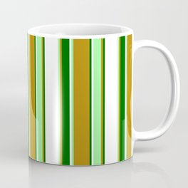[ Thumbnail: Dark Goldenrod, Green, White & Dark Green Colored Striped Pattern Coffee Mug ]
