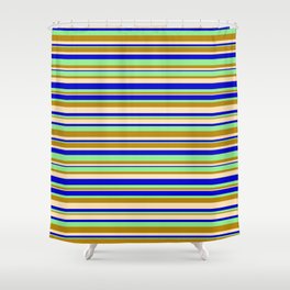 [ Thumbnail: Light Green, Dark Goldenrod, Beige, and Blue Colored Stripes/Lines Pattern Shower Curtain ]