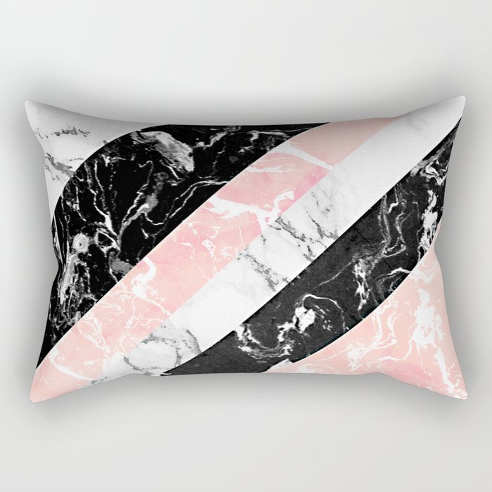 Modern black white pastel pink marble color block stripes Rectangular Pillow