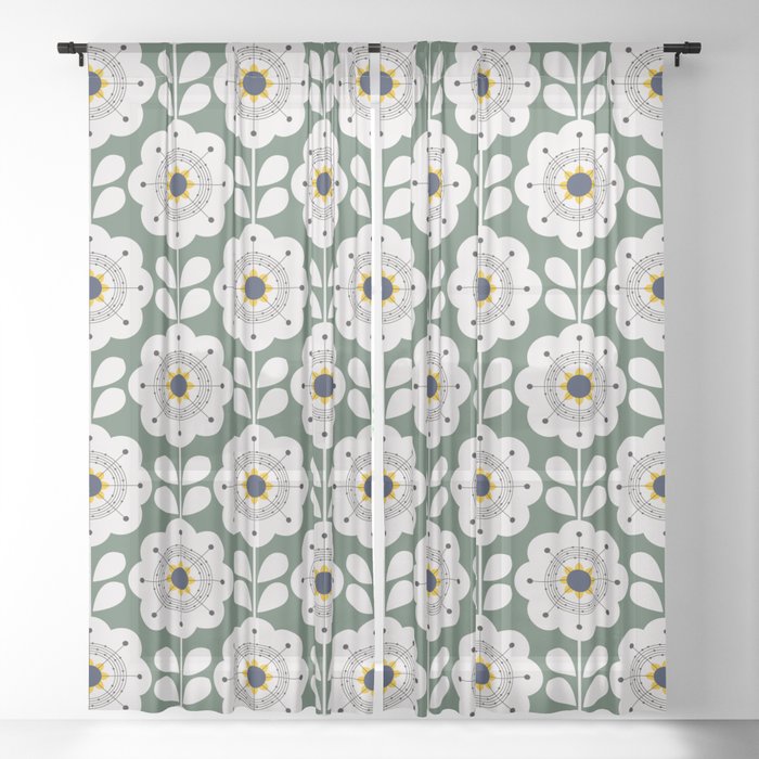 mid century geometric flower pattern on kale green Sheer Curtain