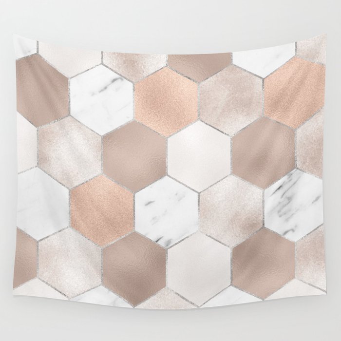 Rose pearl and marble hexagons Wall Tapestry