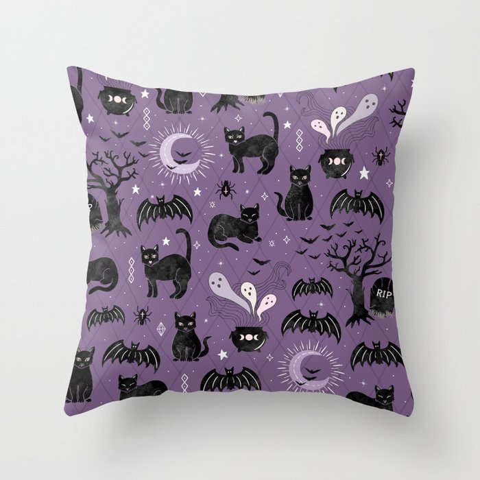 Black cats and bats, witchy things, halloween on purple Throw Pillow