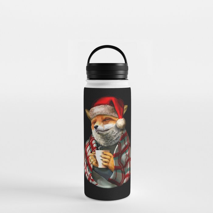 Fox in Santa Hat. Christmas Red Fox with coffee mug Water Bottle