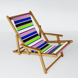 [ Thumbnail: Violet, Chartreuse, Blue, White, and Black Colored Stripes Pattern Sling Chair ]