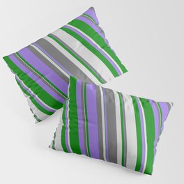 [ Thumbnail: Dim Gray, Purple, Green & Light Grey Colored Lined Pattern Pillow Sham ]