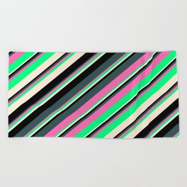 [ Thumbnail: Eyecatching Dark Slate Gray, Hot Pink, Green, Beige, and Black Colored Lines Pattern Beach Towel ]